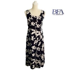 VTG BFA Classics M-12 Women’s Black White Floral Sundress 100% Rayon Midi Boho